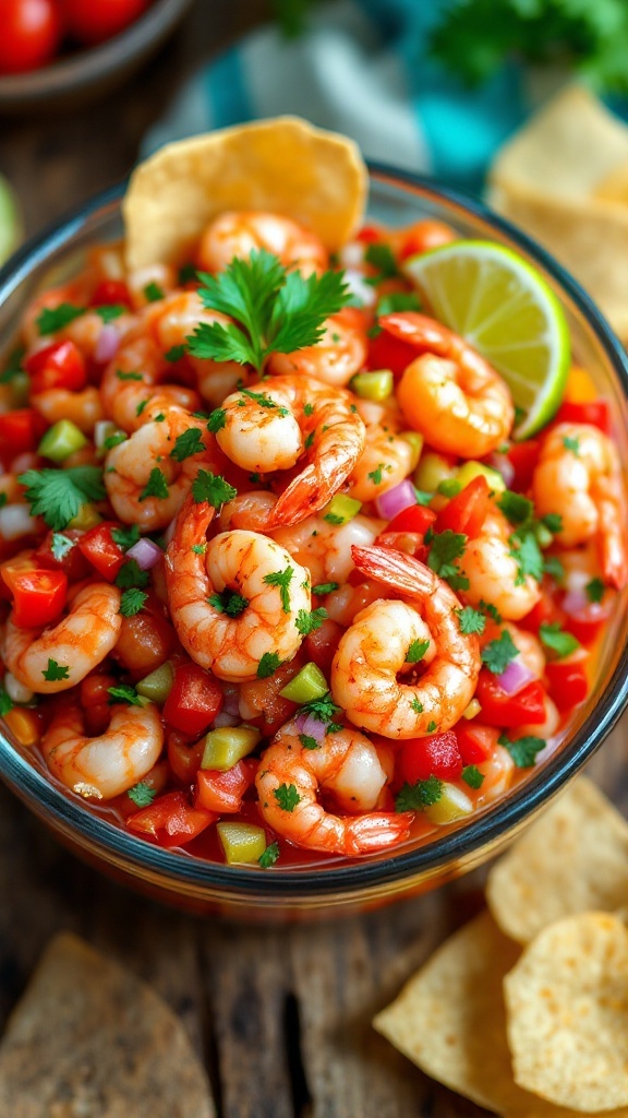 Refreshing fish and shrimp ceviche in a clear bowl, garnished with lime wedges and cilantro, served with tortilla chips.